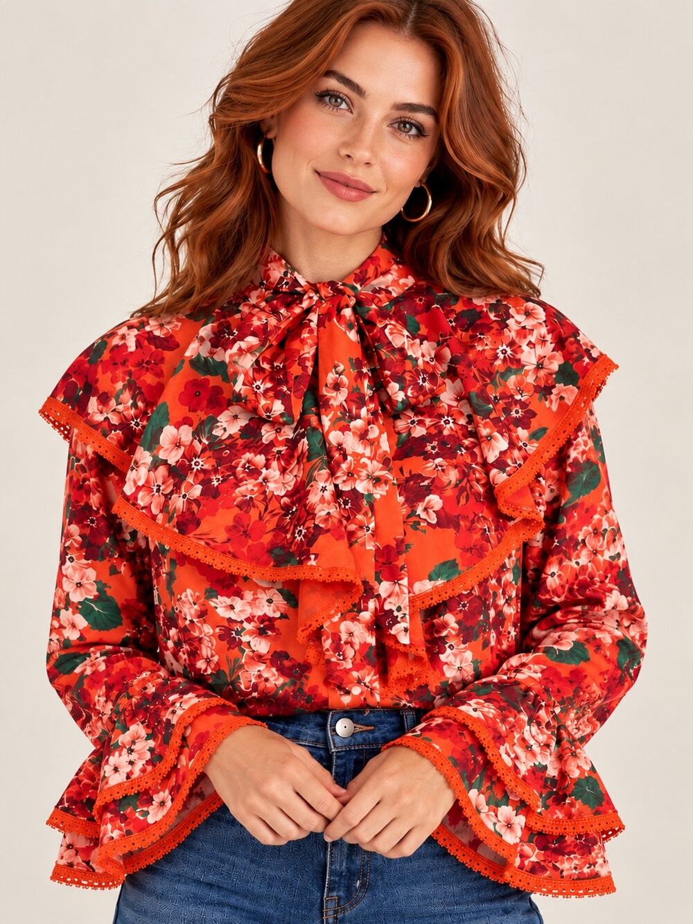 NY&C Floral Ruffle Cape Blouse Sz M Orange Tie Neck Bell Sleeve Statement Top